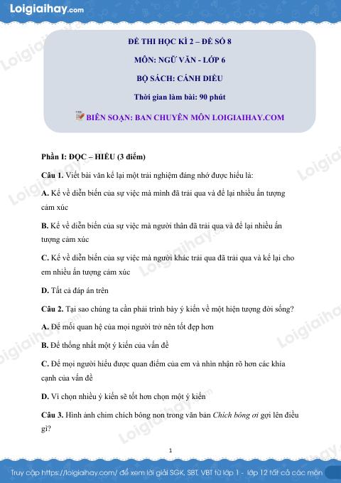 Đề thi học kì 2 Văn 6 Cánh diều - Đề số 8